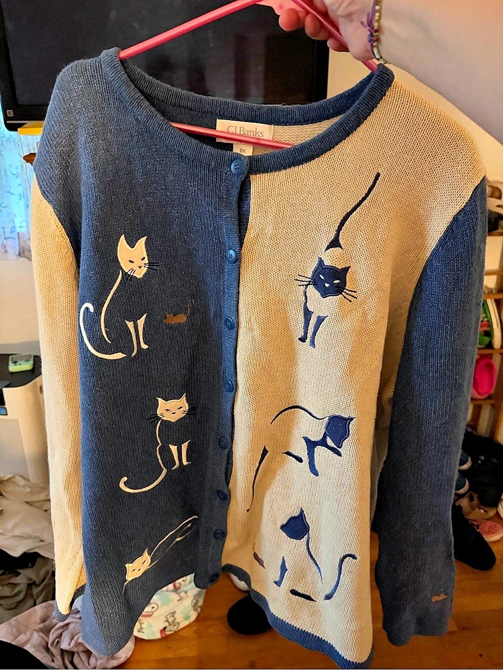 CJ Banks Cat Motif Color Block Cardigan Blue & Cream Size 2X